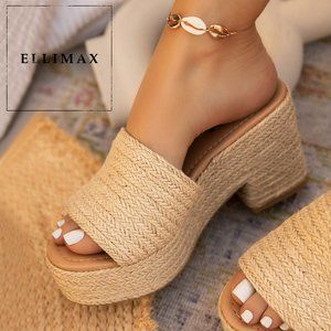 NEW🔥 Natural Jute Raffia Chunky Platform Block Heel Slide Sandal Mules Open Toe